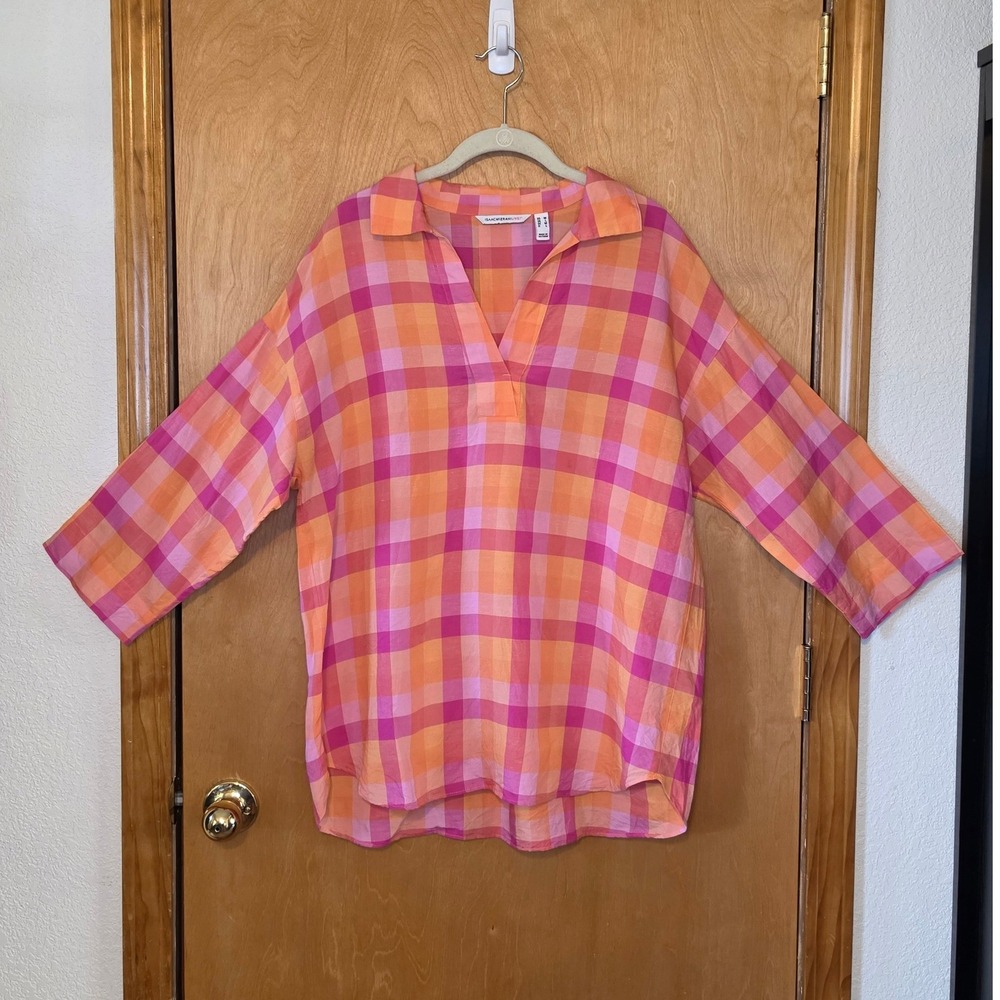 Isaac Mizrahi Plaid Pullover Tunic Shirt Lyocell Linen Blend Pink Orange Size M